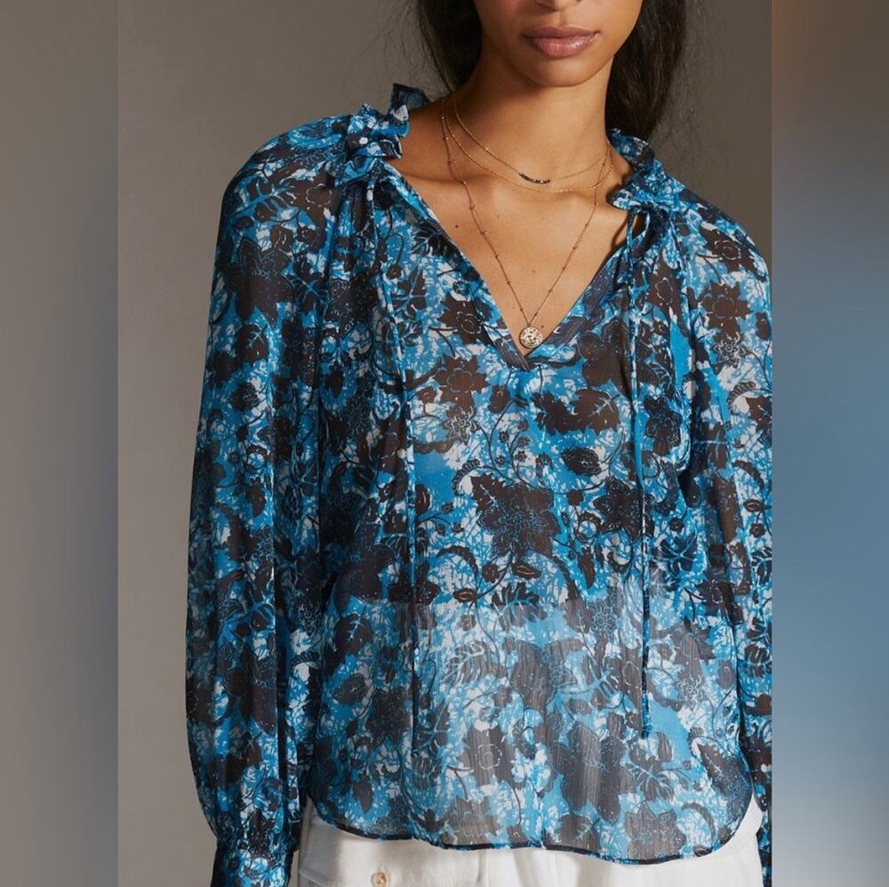 Anthropologie Blue Black Floral Lace Print SHEER Blouson Sleeve Blouse